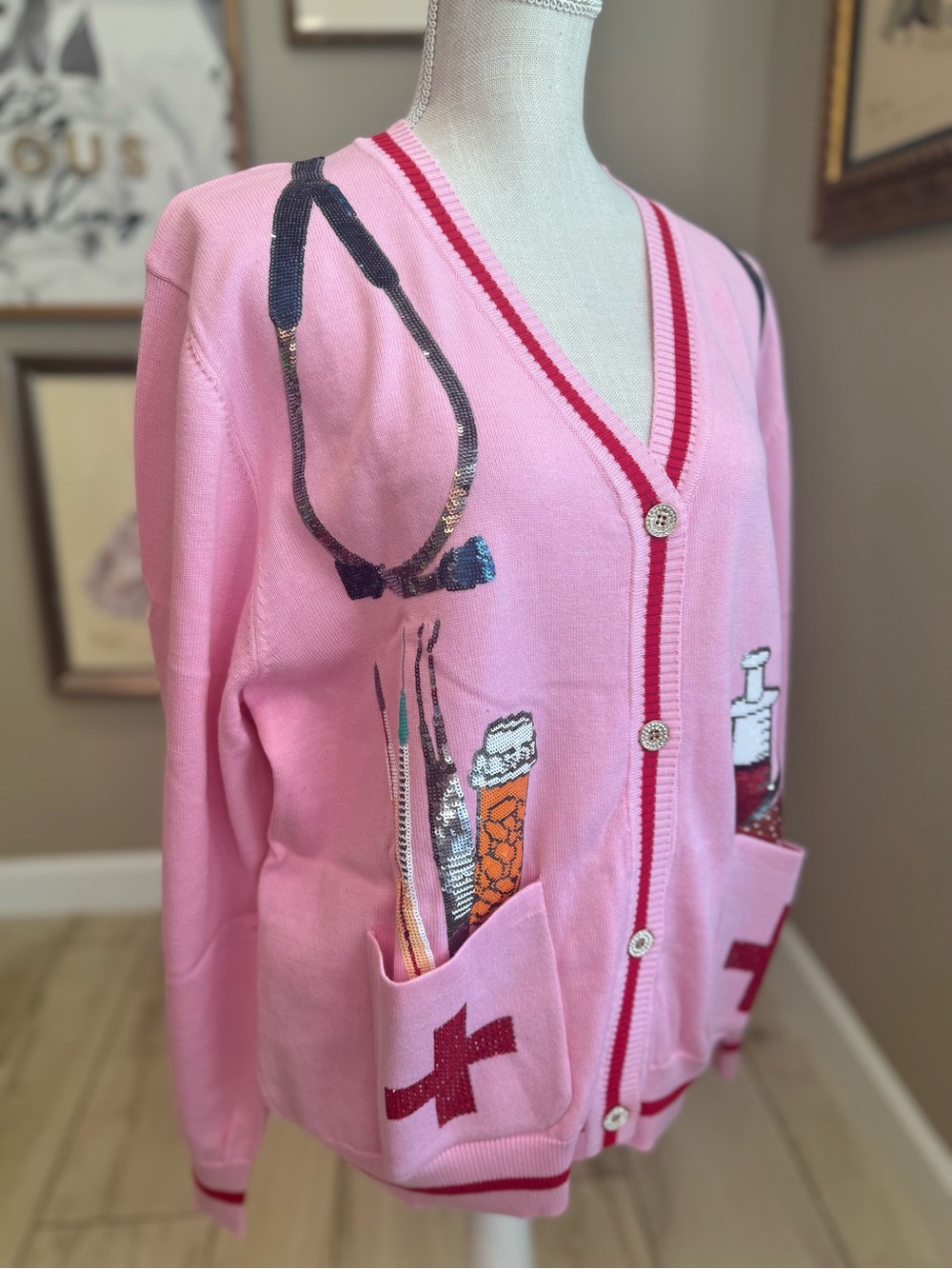 New! QUEEN OF SPARKLES Pink Sequin Medical Supply V‑Neck Cardigan